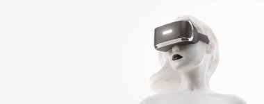 VR kulaklık, online alışveriş. Kadının üç boyutlu görüntüsü, beyaz arka planda sanal gerçeklik gözlüğü takıyor. Kadın bir tıklamayla mal alıyor. Ayrıca portföyümde bu resmin bir kopyasını bulacaksınız.