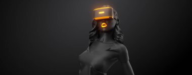 VR kulaklık, online alışveriş. Siyah arka planda sanal gerçeklik gözlüğü takan bir kadın. Kadın bir tıklamayla mal alıyor. Ayrıca portföyümde bu resmin bir kopyasını bulacaksınız.