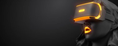 VR kulaklık, online alışveriş. Siyah arka planda sanal gerçeklik gözlüğü takan bir kadın. Kadın bir tıklamayla mal alıyor. Ayrıca portföyümde bu resmin bir kopyasını bulacaksınız.
