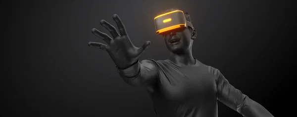 Ακουστικά VR, τεχνολογία. 3D καθιστούν τον άνθρωπο, φορώντας γυαλιά εικονικής πραγματικότητας σε μαύρο φόντο. Παιχνίδια VR. Θα βρείτε επίσης ένα για αυτή την εικόνα στο χαρτοφυλάκιό μου. Ευχαριστώ για την προσοχή. — Φωτογραφία Αρχείου