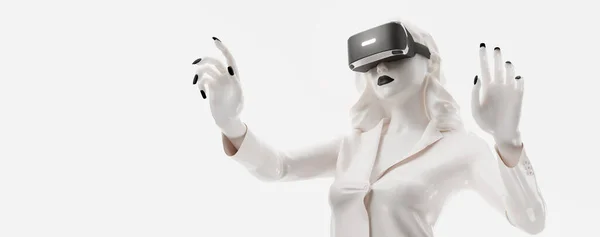Headset Online Nakupování Ztvárnění Ženy Brýlemi Virtuální Reality Bílém Pozadí — Stock fotografie