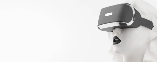 VR headset, online nakupování. 3D ztvárnění ženy, s brýlemi virtuální reality na bílém pozadí. Žena si koupí zboží jedním kliknutím. Najdete také pro tento obraz v mém portfoliu — Stock fotografie