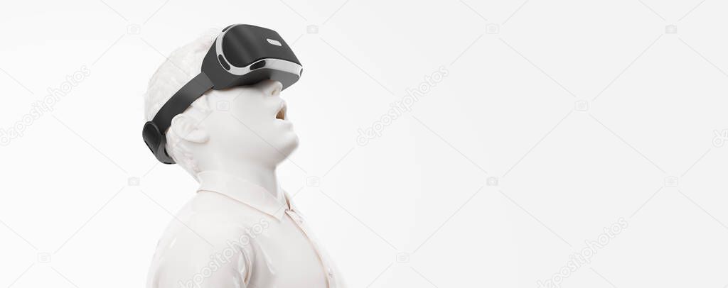 VR headset, technology. 3d render of the man, wearing virtual reality glasses on white background. VR games. You will also find a for this image in my portfolio. Thanks for watching