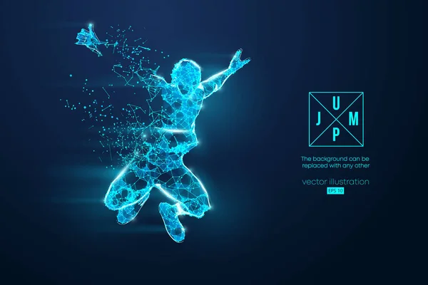 一个跳线框的男人的抽象轮廓 跳跃中的人象征着自由 蓝色背景上的粒子构成的人方便地组织Eps文件 谢谢你看 — 图库矢量图片