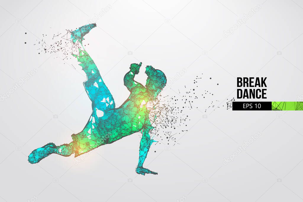 Abstract silhouette of a wireframe breake dancer. Teenager dance hip-hop. Man BBoy from particles on the white background. Convenient organization of eps file. Vector illustartion. Thanks for watching