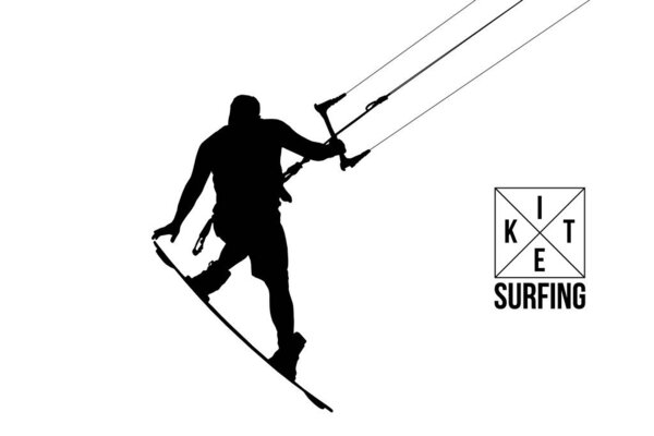 Kitesurfing and kiteboarding. Silhouette of a kitesurfer. Man in a jump performs a trick. Big air competition. Vector illustration. Thanks for watching