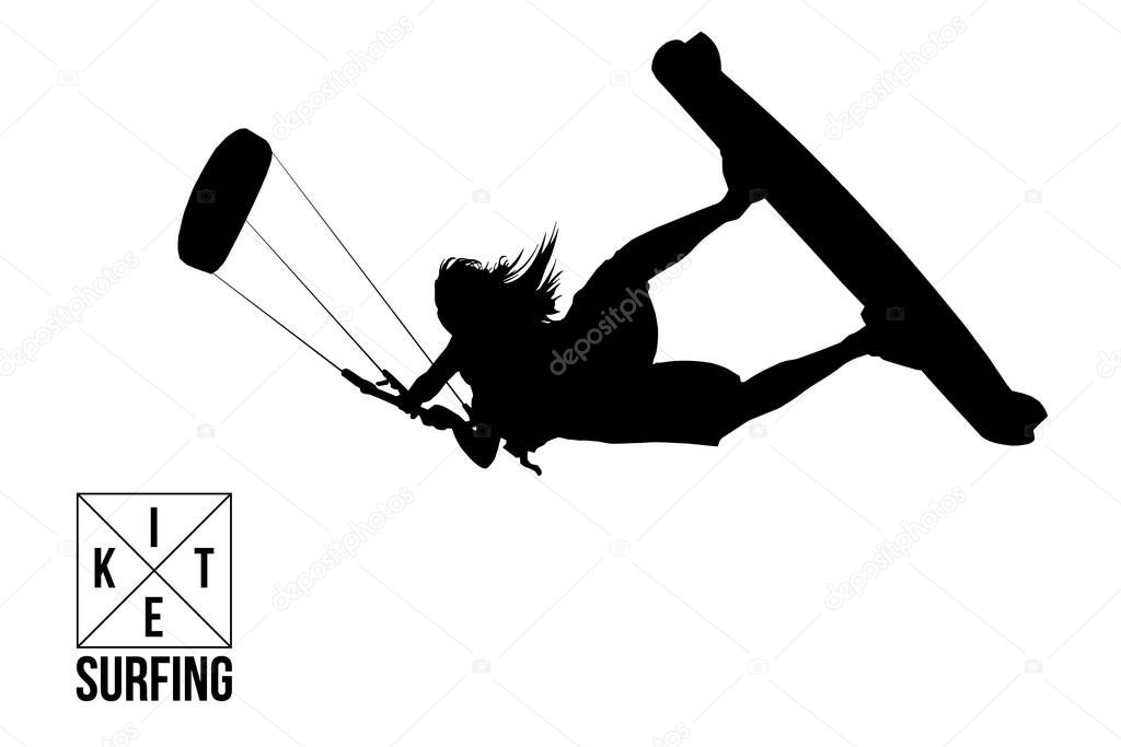 Kitesurfing and kiteboarding. Silhouette of a kitesurfer. Woman in a jump performs a trick. Big air competition. Vector illustration. Thanks for watching