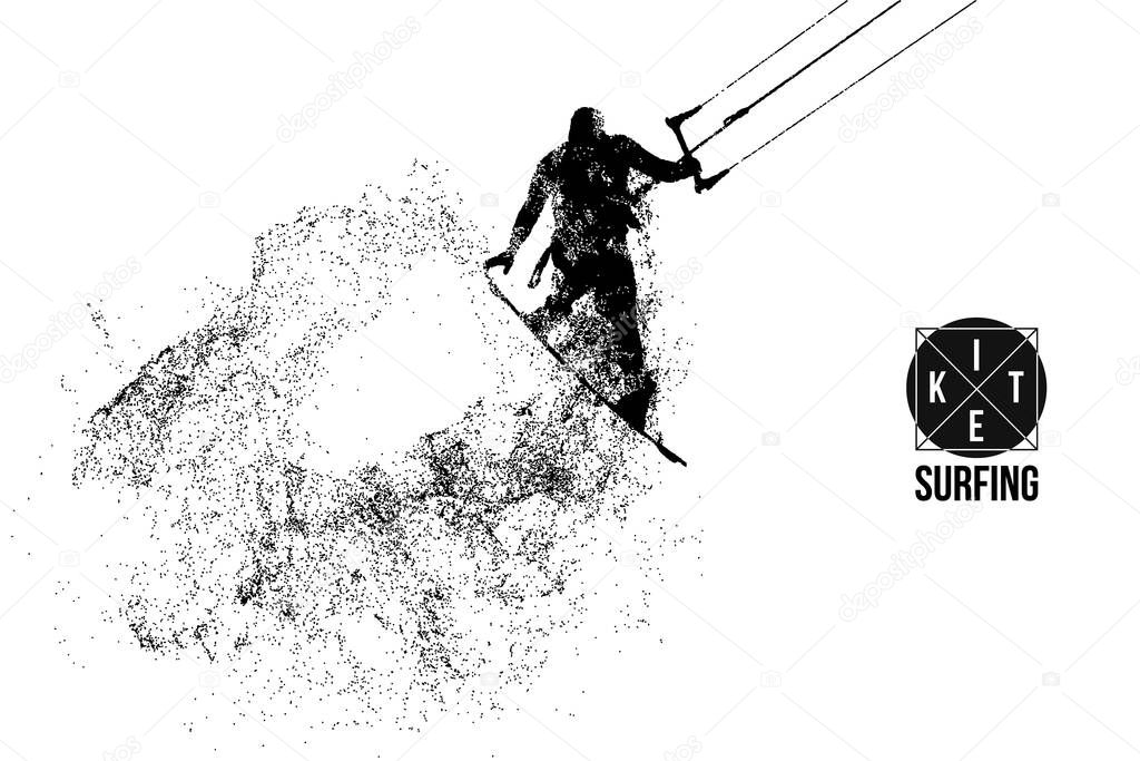 Kitesurfing and kiteboarding. Silhouette of a kitesurfer. Man in a jump performs a trick. Big air competition. Vector illustration. Thanks for watching