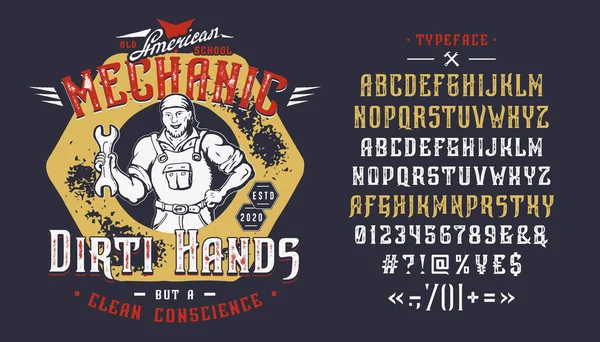 Lettertype Mechanic Dirty Hands. Vintage ontwerp. — Stockvector