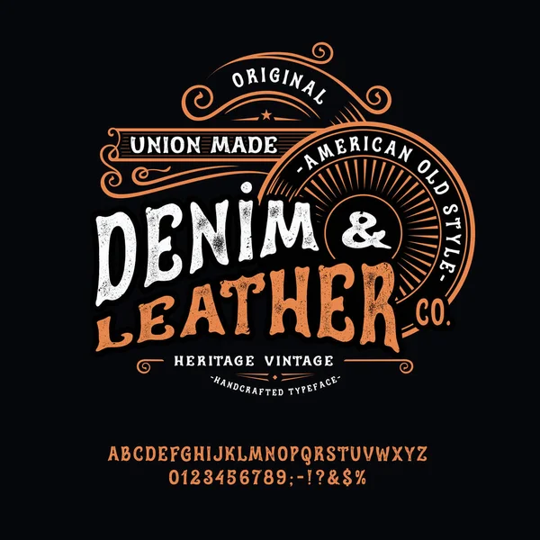 Vintage Font Denim hecho a mano y cuero — Vector de stock