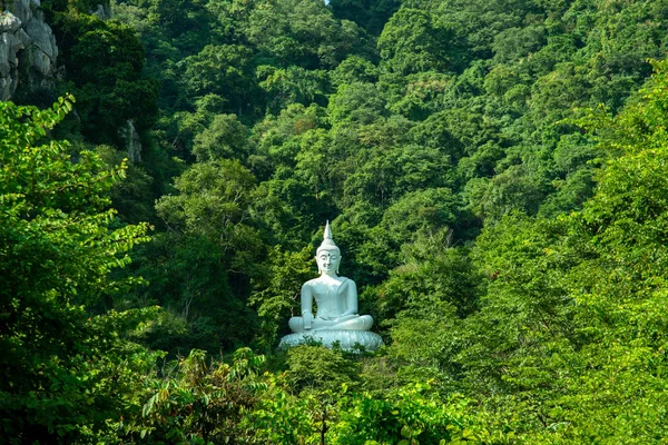 White Buddha Image Hill Surrounded Trees Thailand — стоковое фото