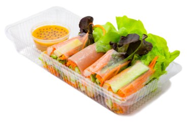 Salata rulo var yengeç domates ve sebze kutusu cam.