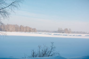 Alan kar altında. Kar alanında kış. Çok kar alanını ve ahşap.