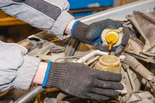 Man Checks Oil Level Car Check Technical Liquids Car — Stock Photo, Image