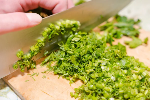 Grünzeug Für Salat Zwiebeln Schneiden Fenchel Gesunde Ernährung Frisches Gemüse — Stockfoto
