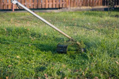 Bir adam yaz aylarında çim bir düzeltici veya çim biçme makinesi ile mows