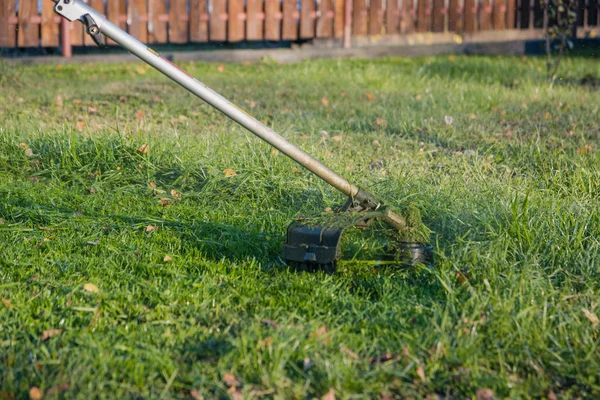 Seorang Pria Musim Panas Memotong Rumput Dengan Pemangkas Atau Mesin — Stok Foto