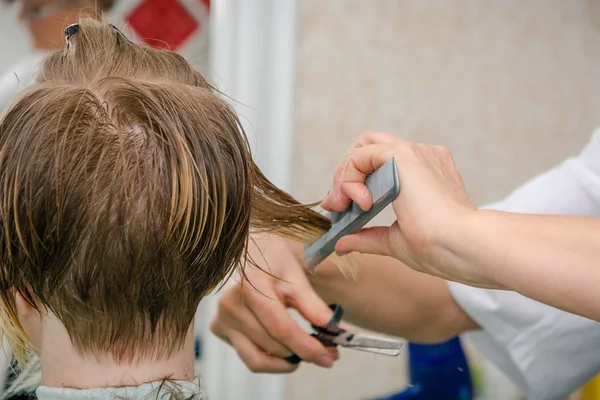 The girl is cut in beauty shop. A hairstyle in beauty shop. Beautiful hairstyle.