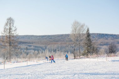 Dağ slayttan kayakçı grubudur. Dağda slayt için kayakçı. Kayakçı ve kayaklar. Kış eğlenceleri kayaklar üzerinde