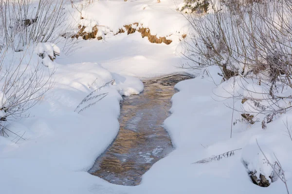 Winterbach Kleine Taiga Winter Das Flüsschen Ist Winter Zugefroren — Stockfoto