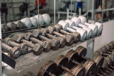 Spor salonu ekipman. Ağırlıklar, dambıl. Spor salonu. Halter. Koridorda stok.