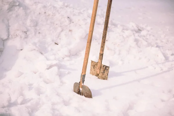 Лопата в снег. Старая лопата застряла в снегу. Оборудование для чтения снега . — стоковое фото