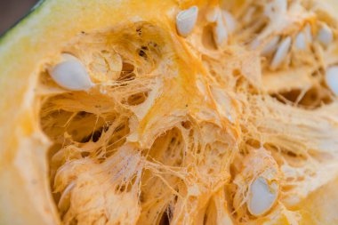 Balkabağı hamuru yakından. Balkabağı çekirdeği. Kesikte balkabağı var. Balkabaklarının güz hasadı.