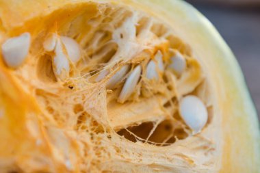 Balkabağı hamuru yakından. Balkabağı çekirdeği. Kesikte balkabağı var. Balkabaklarının güz hasadı.