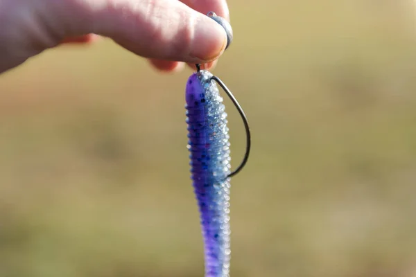 Un appât en silicone. Matériel de pêche. Twister. Queue de vibration. Tackle pour la pêche. Une variété de silicone . — Photo