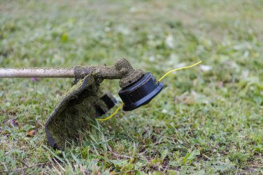 Makyaj aleti yakın plan. Bölgeyi temizlemek için bir araç. Bölgedeki çimleri biçin. Kesme çizgisi. Çimlerde budayıcı.