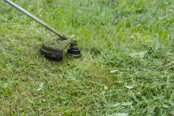 トリマーで草を切ります 草を切りなさい 芝生を切りなさい 男性労働 野外活動 装置で草を切りなさい — ストック写真