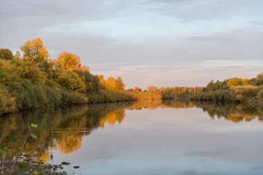 Sonbahar ormanındaki göl. Göldeki yansıma. Mevsim sonbahar. Çok renkli sonbahar yaprakları. Ormandaki göl. Orman farklı renklerde. Sonbahar manzarası.