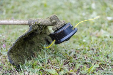 Makyaj aleti yakın plan. Bölgeyi temizlemek için bir araç. Bölgedeki çimleri biçin. Kesme çizgisi. Çimlerde budayıcı.