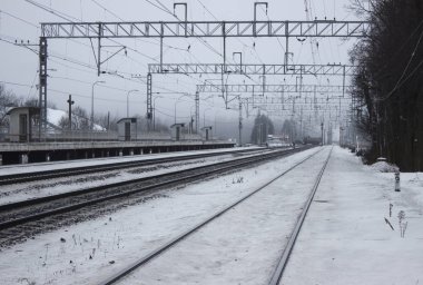 Ormanın içinde boş Tren İstasyonu. Kış. Kar yağışı.