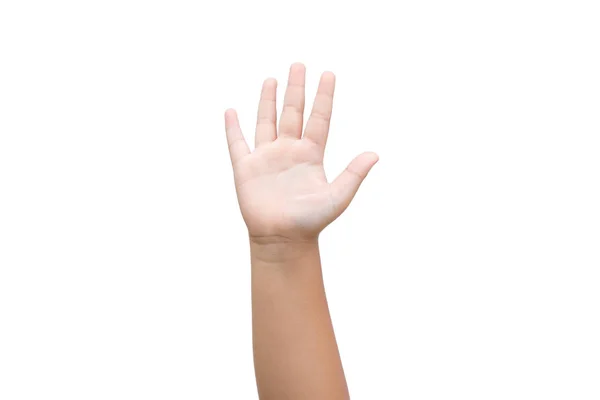 Дитячий Хлопчик Піднімає Руку Показуючи Ять Пальців Білому Тлі — стокове фото