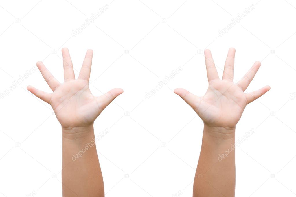 Children Boy hand showing the five fingers on white background