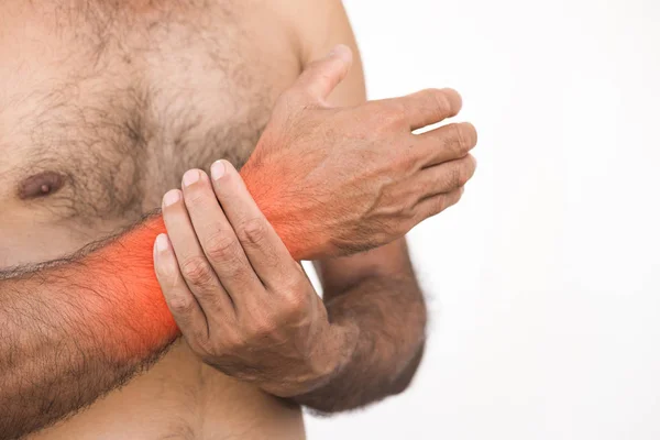 Närbild Olycklige Mannen Lider Handled Arm Smärta Och Skada Vit — Stockfoto