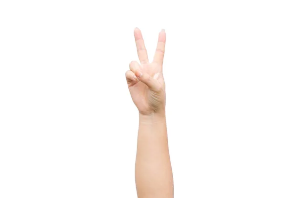 Γυναίκα Χέρι Δείχνει Δύο Δάχτυλα Σήμα Της Νίκης Λευκό Φόντο — Φωτογραφία Αρχείου