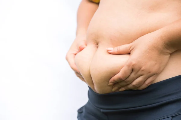 Uma Mulher Gorda Segurar Própria Gordura Barriga Estilo Vida Mulher — Fotografia de Stock