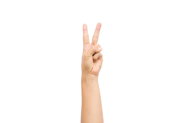 Γυναίκα Χέρι Δείχνει Δύο Δάχτυλα Σήμα Της Νίκης Λευκό Φόντο — Φωτογραφία Αρχείου