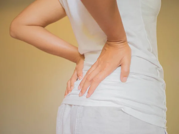 Young Woman Feeling Pain Her Back Bed Home Healthcare Medical — Stock Photo, Image