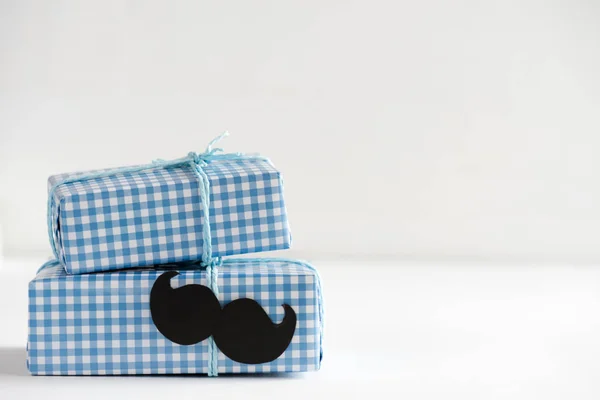 Happy Fathers Day Concept Stack Beautiful Gift Box Mustache Bright — Stock Photo, Image