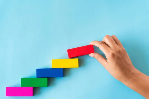 Concept Building Success Foundation Women Hand Put Red Wooden Block — Stock Photo, Image