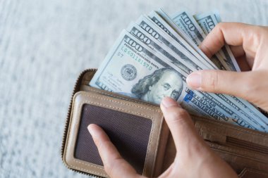 Kadın Amerika dolar banknotlar cüzdanından para alarak eller yukarı kapatın.