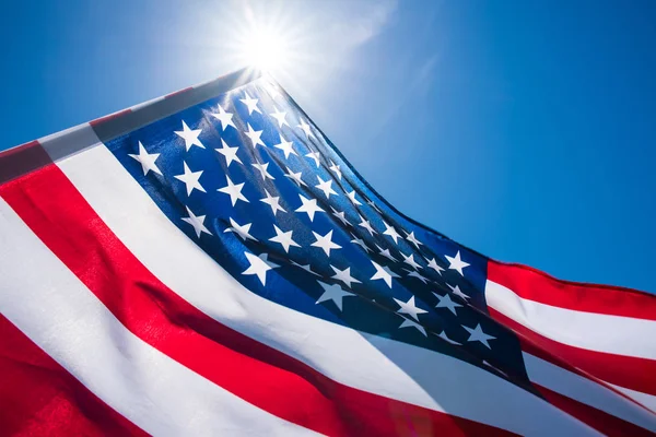 Close United States America Flag Blue Sky Background Usa Independence — Stock Photo, Image