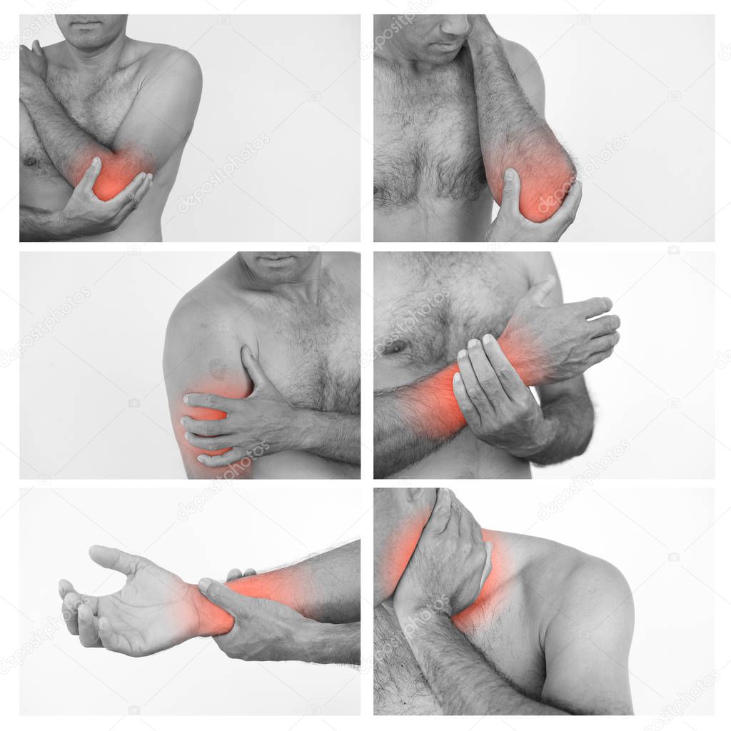 collection set of man suffering from pain and injury on elbow, arm, wrist, hand and neck on white background. Health care and medical concept.