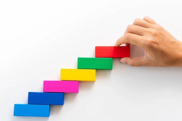 Concept Building Success Foundation Women Hand Put Red Wooden Block — Stock Photo, Image