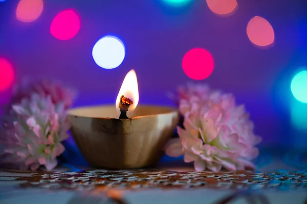 Happy Diwali Clay Diya Lamps Lit Dipavali Hindu Festival Lights — Stock Photo, Image