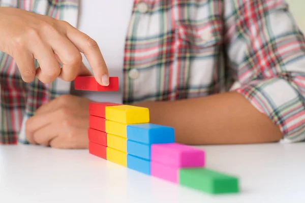 Concept Building Success Foundation Women Hand Put Colorful Wooden Blocks — Stock Photo, Image