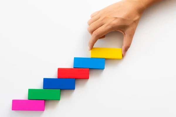 Concept Building Success Foundation Women Hand Put Red Wooden Block — Stock Photo, Image